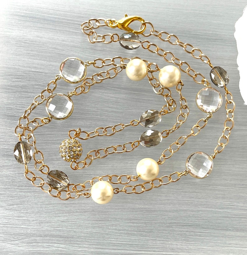 Glass Pearl Chain Long Crystal Station Opera Length Pearls Vintage Cream Pearls Pave Crystal Beaded Bild 8