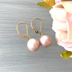 Large Round Pearls Pink Blush Mauve Gold Lever Backs 11mm Pearl Bobs Light Pink Pearl Statement Pearls Classic Pearl Drop image 2