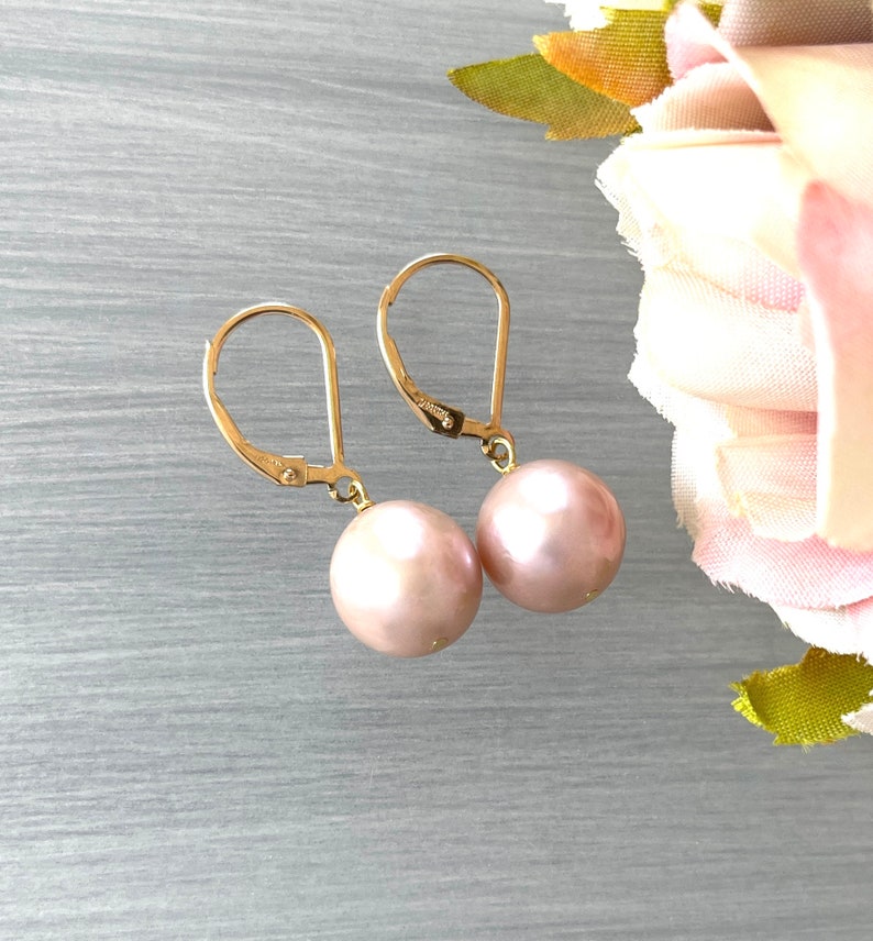 Large Round Pearls Pink Blush Mauve Gold Lever Backs 11mm Pearl Bobs Light Pink Pearl Statement Pearls Classic Pearl Drop image 2