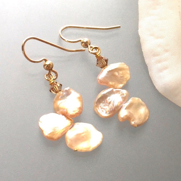 Keshi Pearl Earrings - Blush Baroque Pearls - Mauve Biwa Pearl - Natural Shape Pearls - Salmon Pink - Large Irregular - Long