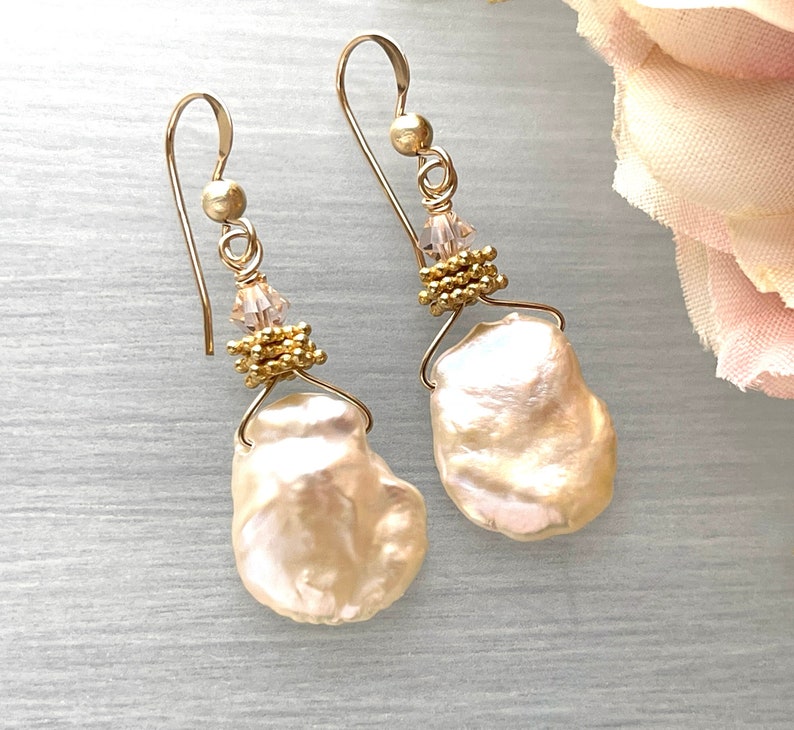 Large Keshi Pearls Natural Shape Baroque Pearl Light Pink Blush Biwa Pearl Earring Champagne Keshis Gold Pearl Earring image 1