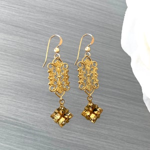 Gold Filigree Vintage Brass Topaz Crystal Statement Earring Light Rauchtopas Lightweight Delicate Taupe Brown Beige image 3