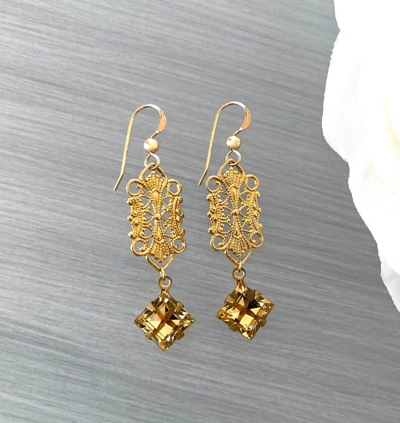 Gold Filigree Vintage Brass Topaz Crystal Statement Earring Light Rauchtopas Lightweight Delicate Taupe Brown Beige image 3