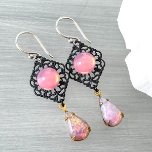 Opal Glass Teardrop Pink Opal Cabochon Vintage Japanese Black Metal Filigree Long Black Rose Pink Opal Stone Vintage Earring image 1