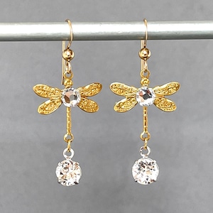 Brass Dragonflies Crystal Dragonfly Vintage Gold Petite Insect Lightweight Flies Delicate Dainty Statement Earrings Butterfly image 1