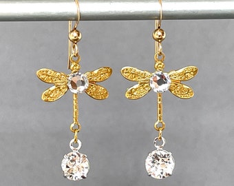 Brass Dragonflies - Crystal Dragonfly - Vintage Gold - Petite Insect - Lightweight Flies - Delicate Dainty - Statement Earrings - Butterfly