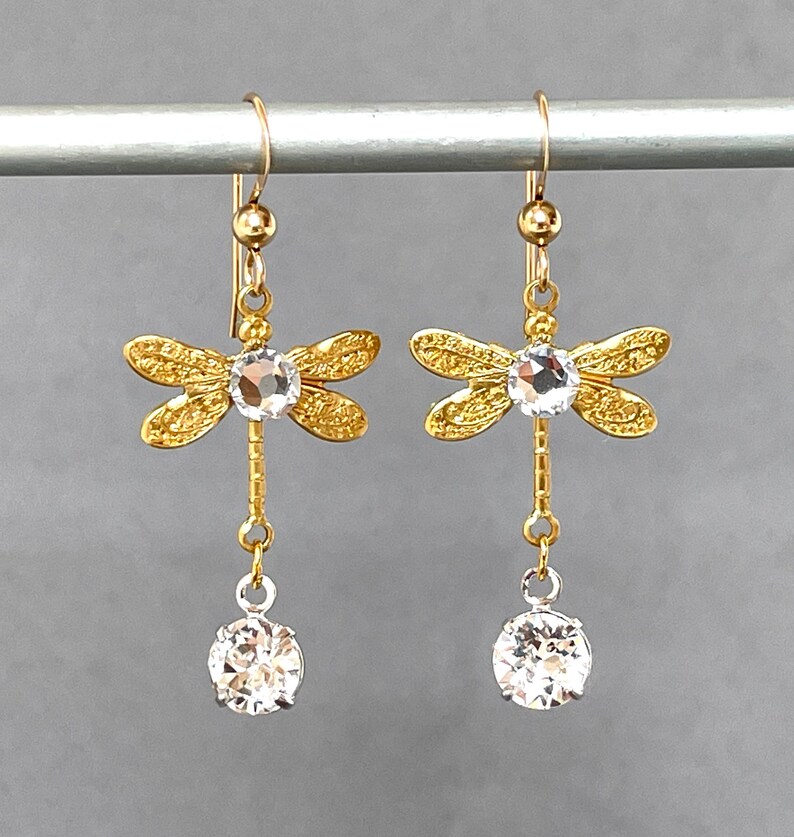 Brass Dragonflies Crystal Dragonfly Vintage Gold Petite Insect Lightweight Flies Delicate Dainty Statement Earrings Butterfly image 1