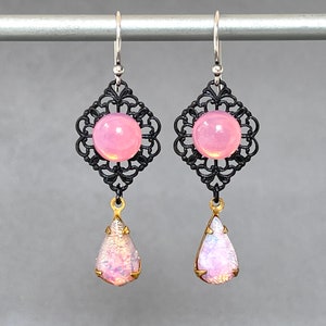Opal Glass Teardrop Pink Opal Cabochon Vintage Japanese Black Metal Filigree Long Black Rose Pink Opal Stone Vintage Earring image 2