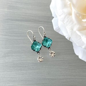 Rare Vintage Crystal Incised Diamond Large Unique Aqua Aquamarine Glass Patterned Glass Laser Cut Crystal Statement Earring image 4