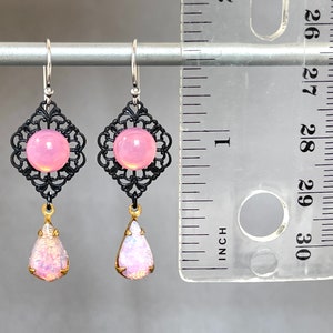 Opal Glass Teardrop Pink Opal Cabochon Vintage Japanese Black Metal Filigree Long Black Rose Pink Opal Stone Vintage Earring image 5