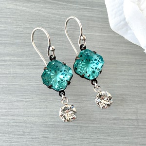 Rare Vintage Crystal Incised Diamond Large Unique Aqua Aquamarine Glass Patterned Glass Laser Cut Crystal Statement Earring image 1