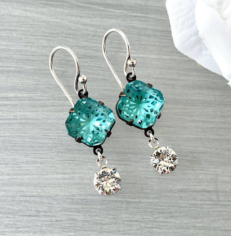 Rare Vintage Crystal Incised Diamond Large Unique Aqua Aquamarine Glass Patterned Glass Laser Cut Crystal Statement Earring image 1