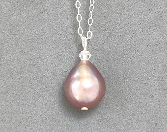 Large Baroque Pearl - Dark Mauve Biwa - 18 Inch Sterling - Pearl Solitaire - Keshi Pendant - Dainty Delicate -  Pink Satin Pearls - Classic