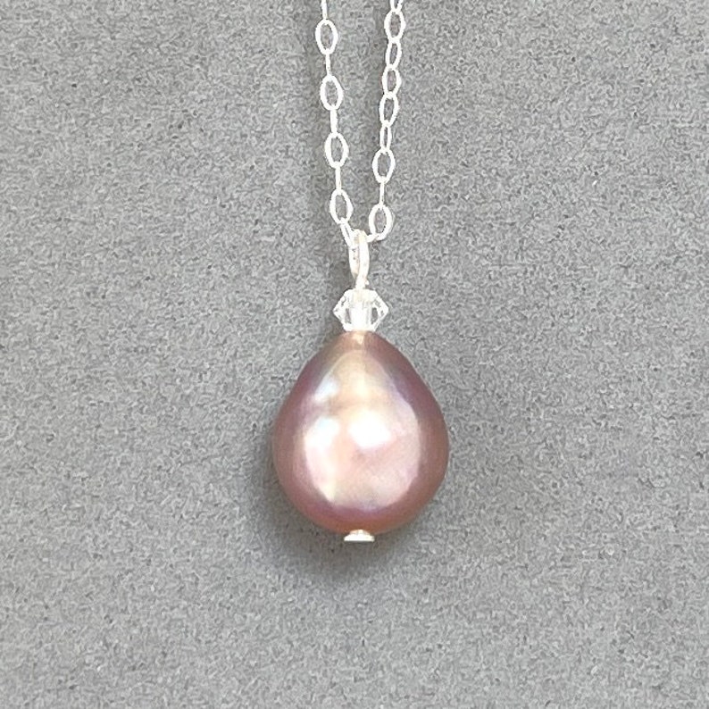 Large Baroque Pearl Dark Mauve Biwa 18 Inch Sterling Pearl Solitaire Keshi Pendant Dainty Delicate Pink Satin Pearls Classic image 1