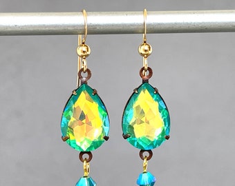 Electric Absinthe - Bright Neon Green - Color Changing - Vintage Crystal - Large Teardrops - Pear Shaped Stone - Gold Vintage Glass