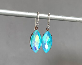 Electric Aquamarine - Vintage Crystal - Large Navette - Crystal Marquise - Tapered Oval Glass - Color Changing - Bright Neon Teal