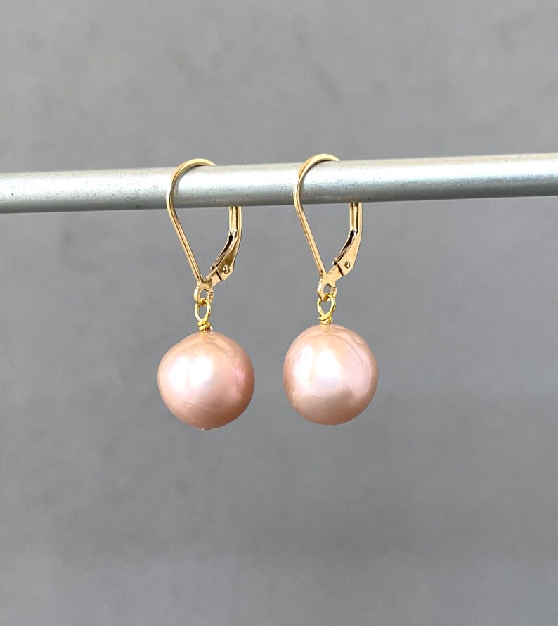 Large Round Pearls Pink Blush Mauve Gold Lever Backs 11mm Pearl Bobs Light Pink Pearl Statement Pearls Classic Pearl Drop image 6