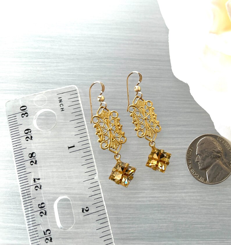 Gold Filigree Vintage Brass Topaz Crystal Statement Earring Light Rauchtopas Lightweight Delicate Taupe Brown Beige image 2