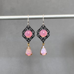 Opal Glass Teardrop Pink Opal Cabochon Vintage Japanese Black Metal Filigree Long Black Rose Pink Opal Stone Vintage Earring image 6