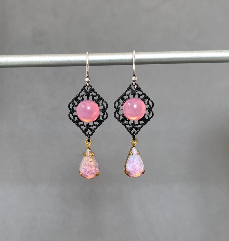 Opal Glass Teardrop Pink Opal Cabochon Vintage Japanese Black Metal Filigree Long Black Rose Pink Opal Stone Vintage Earring image 6