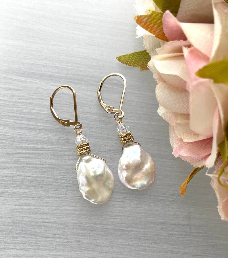 Large Keshi Pearls White Baroque Pearl Iridescent Pearls Flat Asymmetrical Natural Irregular Gold Biwa Pearls Gold Lever Backs image 7