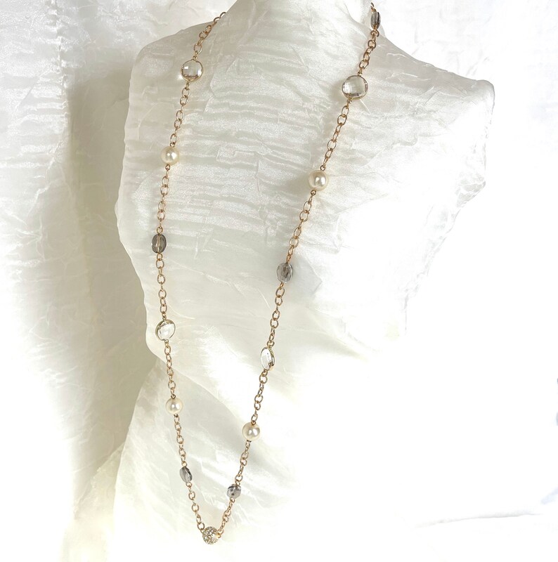Glass Pearl Chain Long Crystal Station Opera Length Pearls Vintage Cream Pearls Pave Crystal Beaded Bild 7