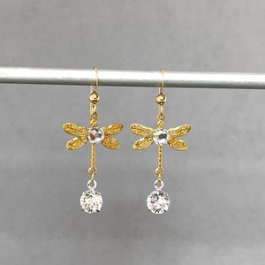 Brass Dragonflies Crystal Dragonfly Vintage Gold Petite Insect Lightweight Flies Delicate Dainty Statement Earrings Butterfly image 3