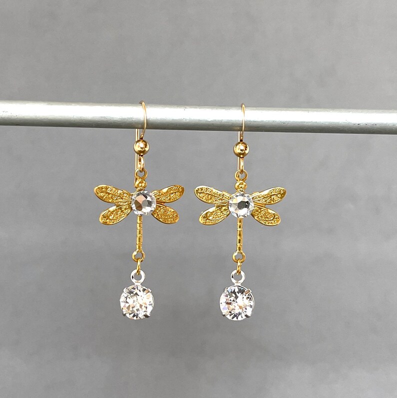 Brass Dragonflies Crystal Dragonfly Vintage Gold Petite Insect Lightweight Flies Delicate Dainty Statement Earrings Butterfly image 3