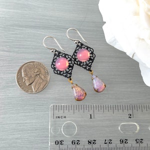 Opal Glass Teardrop Pink Opal Cabochon Vintage Japanese Black Metal Filigree Long Black Rose Pink Opal Stone Vintage Earring image 3