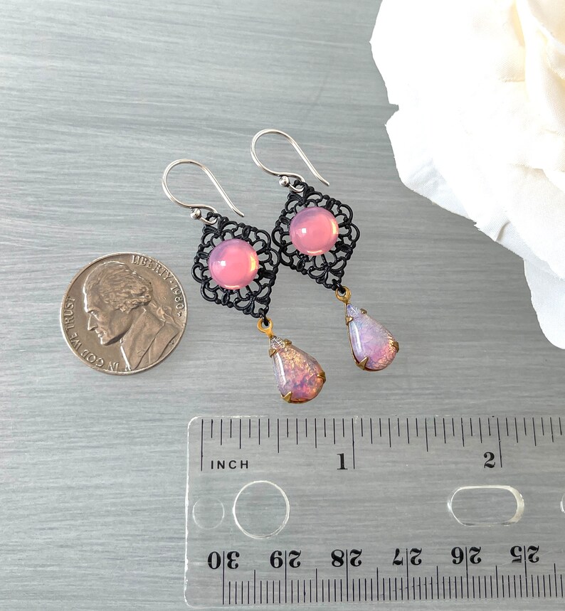 Opal Glass Teardrop Pink Opal Cabochon Vintage Japanese Black Metal Filigree Long Black Rose Pink Opal Stone Vintage Earring image 3