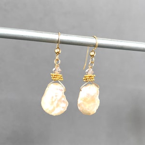 Large Keshi Pearls Natural Shape Baroque Pearl Light Pink Blush Biwa Pearl Earring Champagne Keshis Gold Pearl Earring image 3