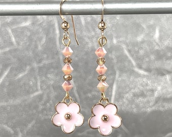 Small Enamel Flower - Pink Forget Me Not - Austrian Crystal - Cute Little Flowers - Dainty Delicate - Rose Alabaster - Pink Gold Daisy