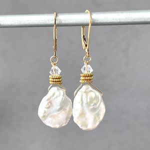 Large Keshi Pearls White Baroque Pearl Iridescent Pearls Flat Asymmetrical Natural Irregular Gold Biwa Pearls Gold Lever Backs image 4