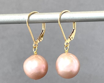 Large Round Pearls - Pink Blush Mauve - Gold Lever Backs - 11mm Pearl Bobs - Light Pink Pearl - Statement Pearls - Classic Pearl Drop