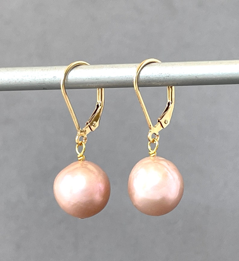 Large Round Pearls Pink Blush Mauve Gold Lever Backs 11mm Pearl Bobs Light Pink Pearl Statement Pearls Classic Pearl Drop image 1