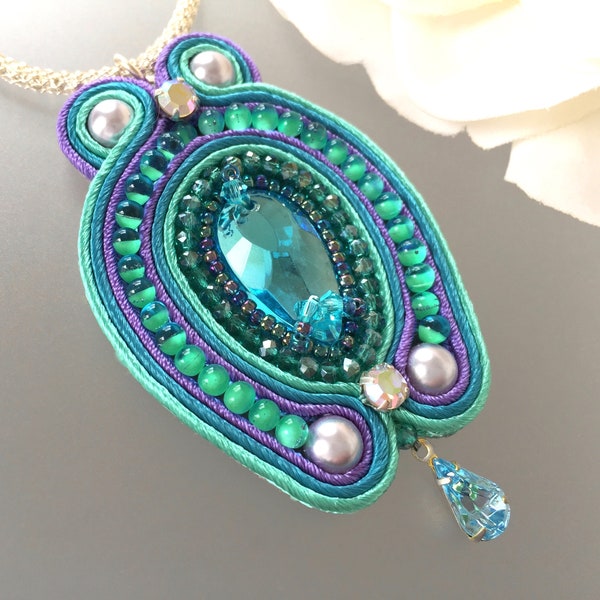 Turquoise Soutache - Embroidered Large - Artistic Statement - Aqua Beaded