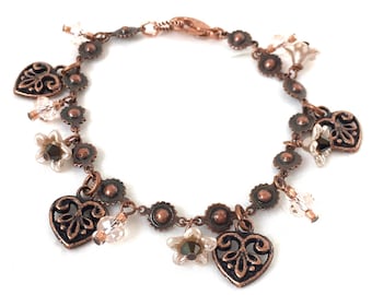 Copper Friendship - Copper Heart Charms - Pink Flower Bracelet - Best Friend Gift