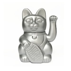 May include: A silver lucky cat figurine with a raised paw, holding a coin with Chinese characters. The cat has a black collar with a small flower charm.