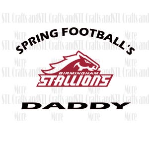 Può includere: Una maglietta bianca con una grafica nera che dice "SPRING FOOTBALL'S DADDY". La grafica include anche un logo di testa di cavallo rosso con il testo "BIRMINGHAM STALLIONS".