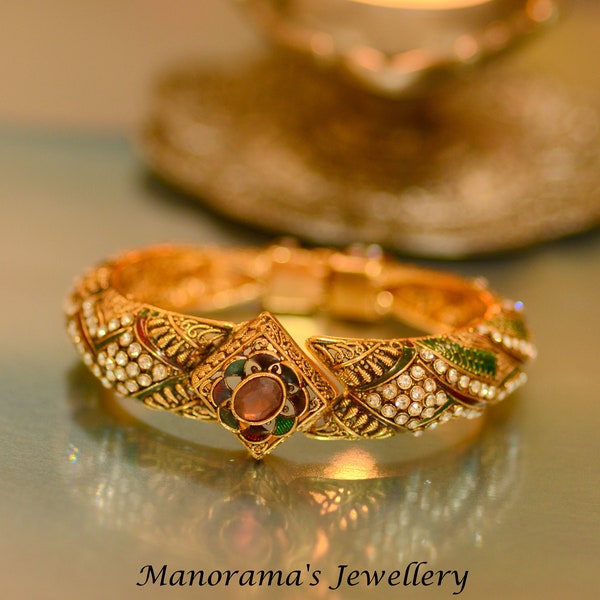 Aarya Series - Beautiful Kada Bangle, Floral Design, Ornate Indian Jewelry, Grand Bracelet, Party Wear, Gift for Her, Manorama's Jewellery