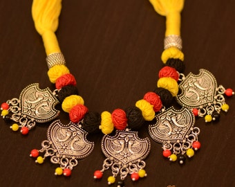 Peacock German Silver Thread Necklace Set, Ornate Dori Jewelry