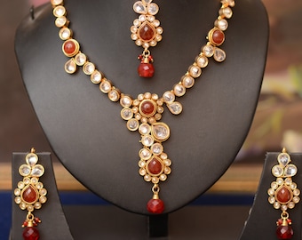 Kundan Necklace Set - Red & White Stone Traditional Jewelry