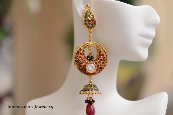 Damayanthi Earrings - Red and Green kundan stones with Pearl