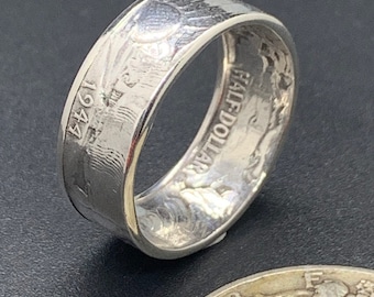 Anello con moneta da mezzo dollaro in argento 90% Walking Liberty