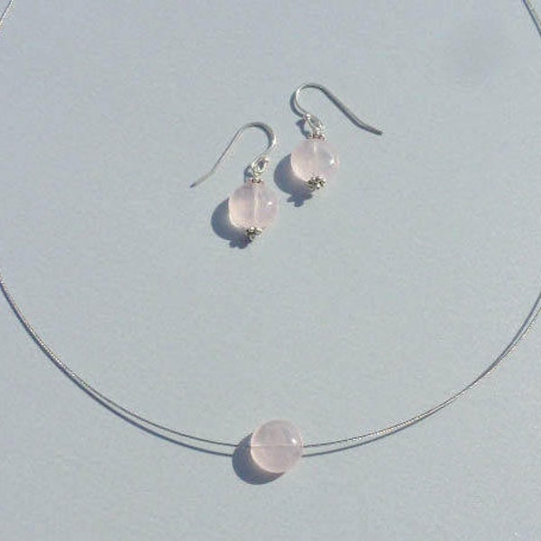 PARURE QUARTZ ROSE,collier quartz rose,boucles d'oreille quartz rose,cadeau femme,collier lithothérapie,bijou minimaliste,cadeau maîtresse