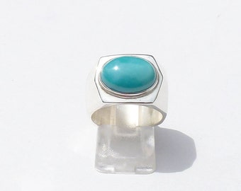 Chevalière TURQUOISE ARGENT 925 cabochon ovale bague boulon argent et pierre style français anniversaire mariage bague femme argent