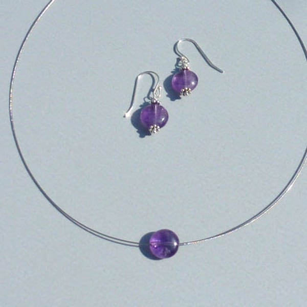 PARURE AMETHYSTE MINIMALISTE collier boucles d'oreilles argent 925,collier améthyste,collier fin,cadeau femme pas cher,bijou fait en France