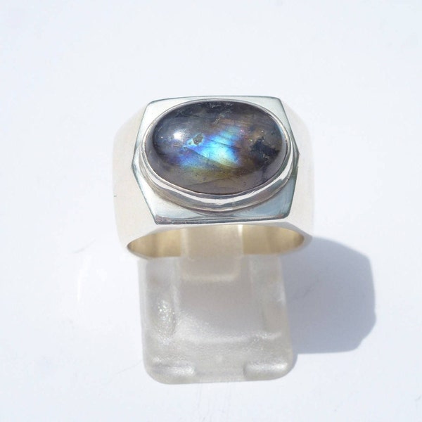 CHEVALIERE ARGENT LABRADORITE argent 925 cabochon ovale bague boulon pierre argent cadeau femme bijou argent