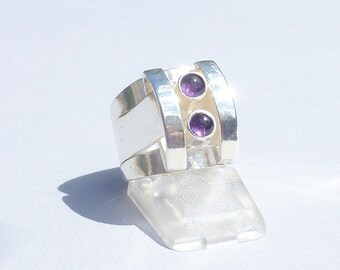 BAGUE ARGENT AMETHYSTE 925 années 40 style tank cabochons amethyste bague design argent style français épuré