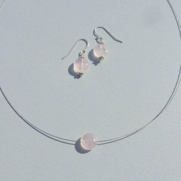 PARURE QUARTZ ROSE,collier quartz rose,boucles d'oreille quartz rose,cadeau femme,collier lithothérapie,bijou minimaliste,cadeau maîtresse